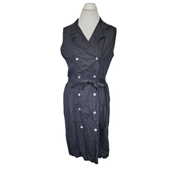 2000s Y2K Womens Medium Shirt Dress Linen Blend‎ Black Button Up Sleeveless - Picture 10 of 10